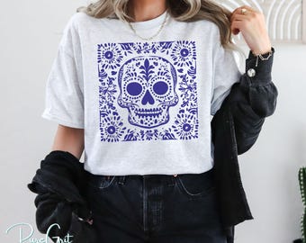 Floral Sugar Skull Shirt | Talavera Skull T-Shirt  design | Mexican Folk Art Style | Day of the Dead Shirt Available in Blue or White Design