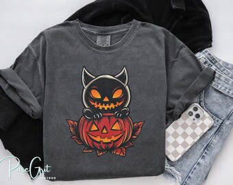 Cute Halloween Cat Pumpkin Design | Spooky Season PNG for T-Shirts | Kawaii Black Cat Jack-O'-Lantern Clipart
