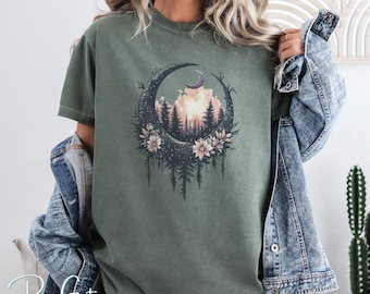 Boho Moon T-Shirt Design PNG | Witchy Floral Crescent Moon | Celestial Forest design | Sublimation Graphic for Tees | Instant Download