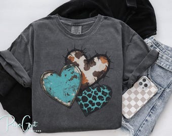 Western Turquoise Heart T-Shirt Design PNG | Cowhide Leopard Rustic Love Graphic | Country Boutique Shirt | Sublimation Download