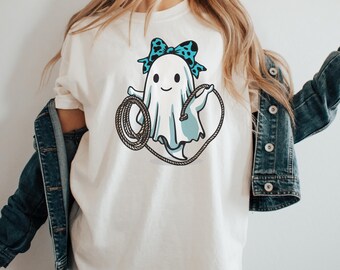 Cowgirl Ghost T-Shirt Design | Cute Rodeo Halloween PNG | Western Ghost with Lasso Clipart | Turquoise Bow | Sublimation Download