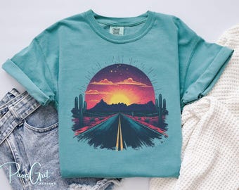Retro Desert Sunset Road T-Shirt Design PNG | Southwest Highway Landscape Art | Vintage Synthwave Western Shirt | Sublimation Download
