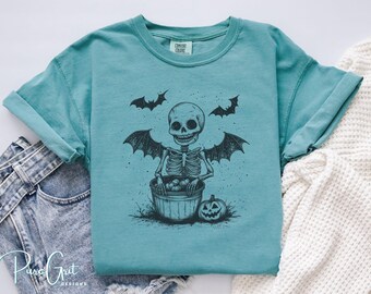 Skeleton Bat Halloween Shirt Design | Spooky Skeleton with Pumpkin Bucket PNG | Gothic Halloween Sublimation | Creepy Cute T-Shirt Art