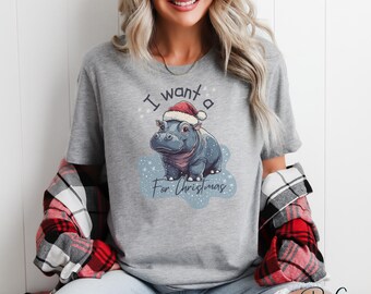 I Want a Hippopotamus for Christmas | Funny Christmas PNG | Cute Hippo Holiday T-Shirt Design | Santa Hat Sublimation PNG | Instant Download