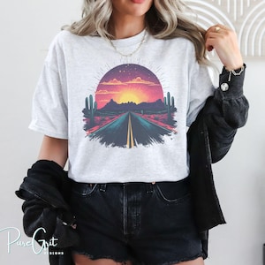 Desert Road Sunset PNG | Retro Western T-Shirt Design | Cactus Mountains Clipart | Digital Graphic for Sublimation | INSTANT Download