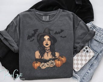 Witchy Fall Girl T-Shirt Design | Gothic Autumn Pumpkin Witch Sublimation PNG | Spooky Halloween Shirt Graphic | Dark Feminine Art