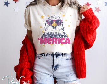 Merica Eagle T-Shirt Design PNG | Patriotic Bald Eagle with Sunglasses | Funny 'Merica 4th of July Png | Retro USA Summer, DIGITAL download