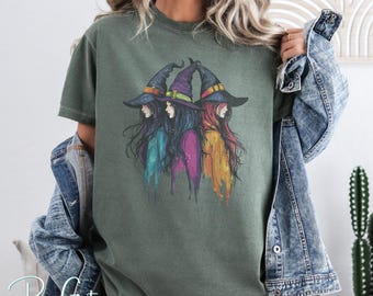 Three Witches Halloween Shirt | Witchy Woman T-Shirt | Colorful Witch Graphic | Fall Aesthetic Spooky Season Shirt Design | DIGITAL download