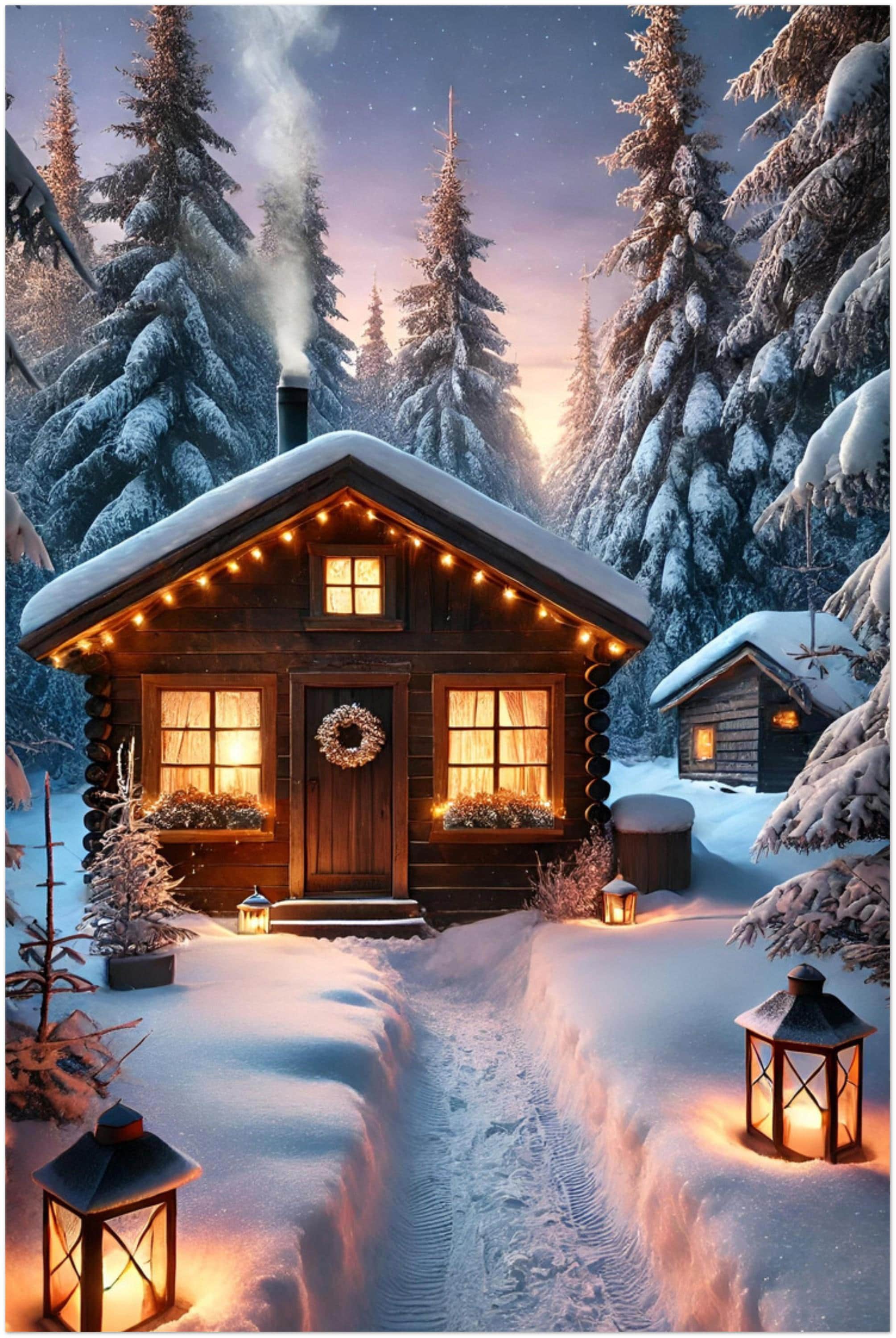Cosy Winter Cabin Digital Print | Snowy Forest Lodge | Christmas Wall ...