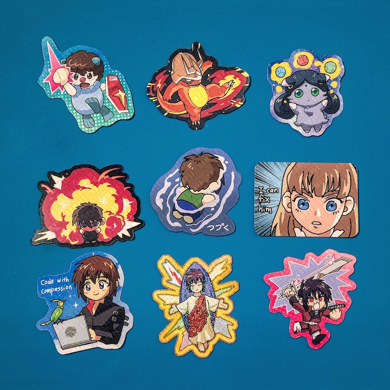 May include: A collection of nine colorful anime-style stickers on a blue background. The stickers feature various characters in action poses, including a character with a sword, a character with a laptop, and a character in an explosion. Some stickers have text.