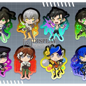 May include: Eight colourful anime-style character stickers are displayed. Each sticker features a unique character design with vibrant colours and dynamic poses. The stickers are on a grey background with the text "DISPLAY ONLY".