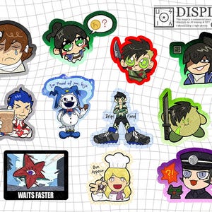 May include: A selection of vibrant cartoon stickers with diverse characters and text. The stickers showcase a crying figure, a character with a question mark, a character holding a knife, and a character with the text "Dripi Fiend". Other stickers include the text "WAITS FASTER" and "Bon Appetit".