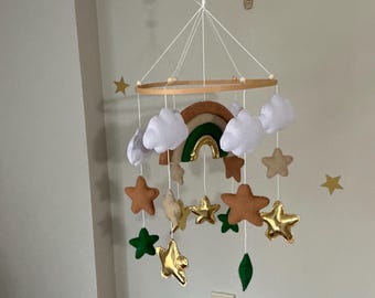 BOHO RAINBOW MOBILE, Boho Baby Mobile, Green and Gold Rainbow Baby Cot Mobile, Bebe Mobile