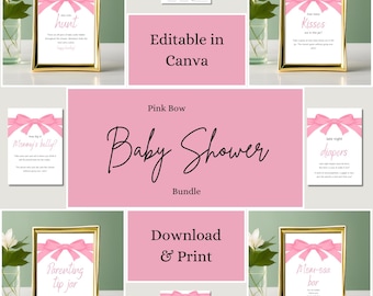 Pink Bow - Baby Shower Signs and Tickets, 32 Instant Digital Downloads