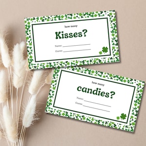 Little Shamrock - Babyshower, kaartjes voor hoeveel kusjes/snoepjes er in de pot zitten, bijsluiter uitnodigingenvelop