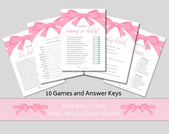 Pink Bow Ribbon - Baby Shower Games, Digital Download Bundle, 10 Activities Included