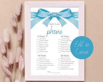 What's In Your Phone Bridal Shower Game - Blue Bow Ribbon, Instant Digital Download