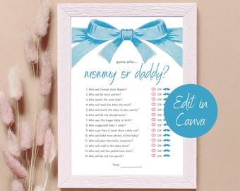 Guess Who Baby Shower Game - Blue Bow Ribbon, Instant Digital Download
