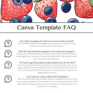 May include: A Canva template FAQ with four question marks and answers about editing, downloading, printing, and requesting custom edits to the templates.