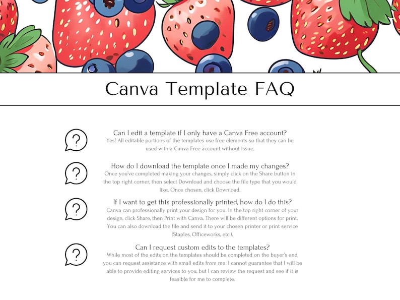 May include: A Canva template FAQ with four question marks and answers about editing, downloading, printing, and requesting custom edits to the templates.