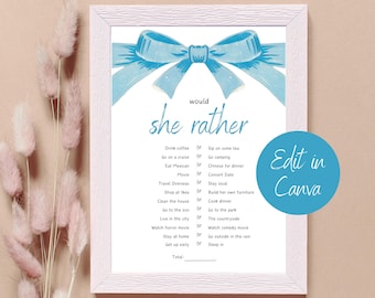 Would She Rather Baby Shower Game - Blue Bow Ribbon, Instant Digital Download