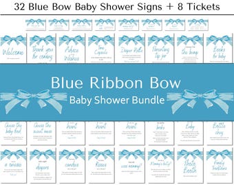 Blue Bow - Baby Shower Signs and Tickets, 32 Instant Digital Downloads