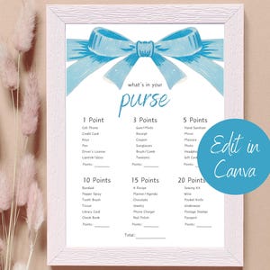 Jeu de baby shower Contenu de votre sac à main - Nœud papillon bleu, téléchargement numérique instantané
