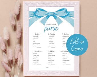 What's In Your Purse Baby Shower Game - Blue Bow Ribbon, Instant Digital Download