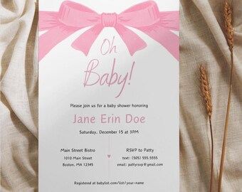 Pink Bow - Baby Shower Invitation Template, Matching Thank You Card, Baby Boy or Girl