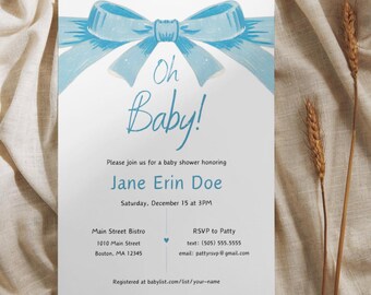 Blue Bow - Baby Shower Invitation Template, Matching Thank You Card, Baby Boy or Girl