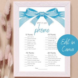 ¿Qué hay en tu teléfono? Juego para baby shower: lazo azul, descarga digital instantánea