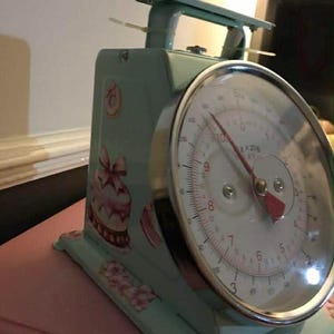 May include: A vintage-style kitchen scale in a soft teal color. The scale features a large, round dial with red markings and a red needle. Decorative floral and cake motifs adorn the sides. The scale measures up to 20g.