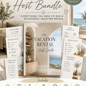 Könnte beinhalten: Ein 32-seitiges Ultimate Airbnb Host Bundle mit einem Urlaubsvermietungs-Leitfaden, Begrüßungsblättern, Hausregeln, Check-out-Checklisten, WLAN-Informationen, Aktivitäten sowie Reinigungs-, Wartungs-, Sicherheits- und Finanzvorlagen.