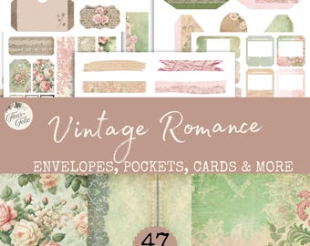 Dziennik śmieciowy, dziennik do druku, kwiaty vintage, album ze zdjęciami, papier cyfrowy, shabby chic, kieszonkowe metki, różowe róże, kwiatowe metki, taśma washi