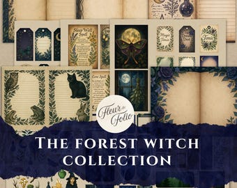 Può includere: Una collezione di effimeri di carta in stile vintage con tema strega della foresta. Include libri aperti, etichette e pagine di diario con illustrazioni di un gatto nero, un gufo, una falena e la luna. Il testo "MAGICAL SPELLS" e "THE FOREST WITCH COLLECTION" sono visibili.