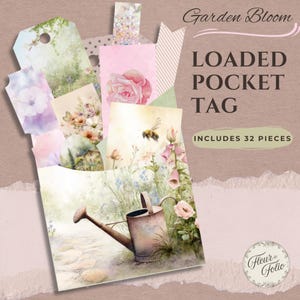 loaded tags ephemera junk journal, spring garden botanical printable kit, watercolor cottagecore paper craft supplies, fussy cuts pockets