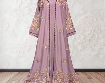 Embroidered Floral Abaya and Hijab 2-Piece Set – Modest Muslim Outfit - Satin Maxi Evening Dress