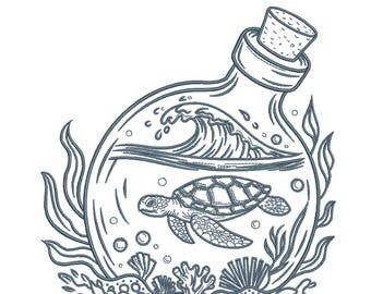 Ocean Turtle in Bottle Line Art Embroidery Design-Embroidery Machine Files