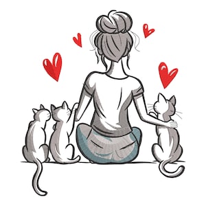 Puede incluir: Diseño bordado que muestra a una persona sentada con tres gatos y corazones rojos. La persona lleva una camiseta blanca y pantalones azules, de espaldas al espectador. Los gatos son grises y blancos.
