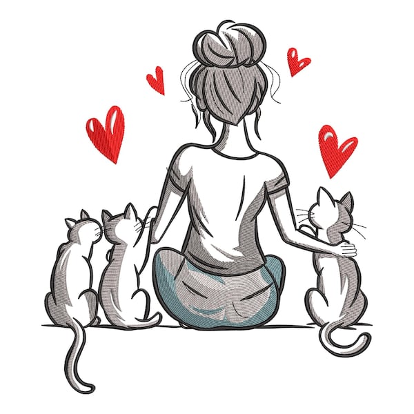 Girl with Cats Embroidery Design: pet lover embroidery file