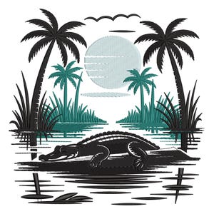 May include: Black and white embroidered design featuring a crocodile resting in water, with palm trees, tall grass, and a light blue sun in the background. The design has a tropical theme.