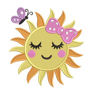 Niedliche Sonne mit Schleife Stickdatei, Lächelnder Sonnenschein & Schmetterling Maschinendatei