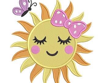 Cute Sun with Bow Embroidery Design – Smiling Sunshine & Butterfly Machine File