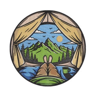 May include: Embroidered patch featuring a camping scene inside a tent. The design shows a view of mountains, trees, and a blue sky with a sun and birds. A person's legs and feet are visible, along with a green mug.