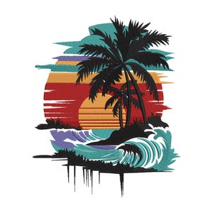 Tropical Sunset Embroidery Design, Beach Waves Machine Embroidery File, Palm Tree Ocean Stitch Pattern