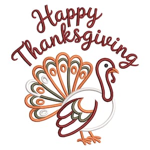 May include: A Thanksgiving-themed design featuring a cartoon turkey with a colorful tail and the words "Happy Thanksgiving" in a script font. The turkey is white with brown and orange accents.