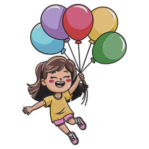 Happy Girl with Balloons Embroidery Design, Playful Cartoon Machine Embroidery File, Children’s Fun Stitch Pattern