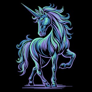 Könnte beinhalten: Eine Neon-Illustration eines Einhorns auf schwarzem Hintergrund. Das Einhorn ist mit fließenden Linien in Blau-, Türkis- und Lilatönen dargestellt. Das Einhorn steht mit erhobenem Bein in einer dynamischen Pose.