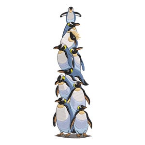 以下が含まれることがあります： 8羽のペンギンが積み重なっている。一番上のペンギンは足で立っており、他のペンギンは互いの背中に乗ってバランスを取っている。ペンギンはすべて青と白で、黒い目とくちばしをしている。