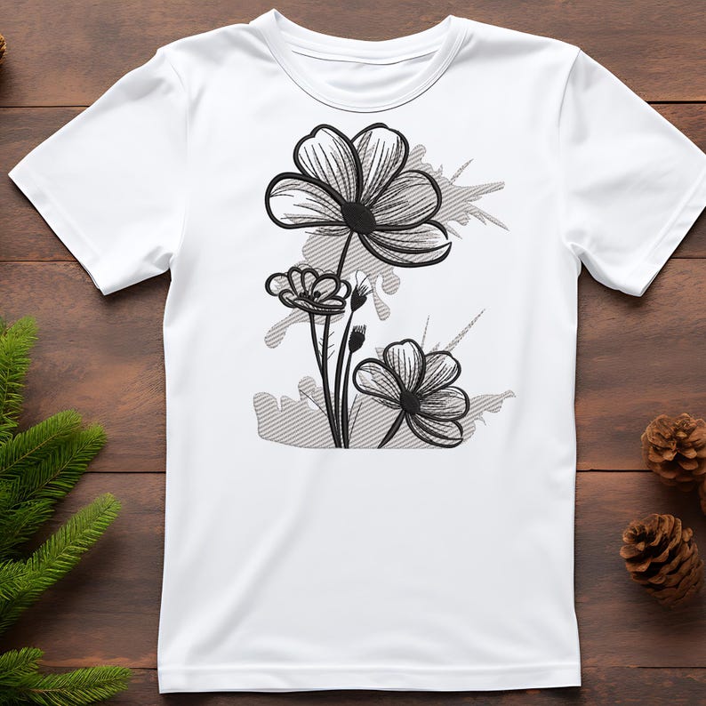Puede incluir: Camiseta blanca con un dise&ntilde;o floral en blanco y negro. El dise&ntilde;o presenta tres flores con un aspecto estilizado y esbozado.